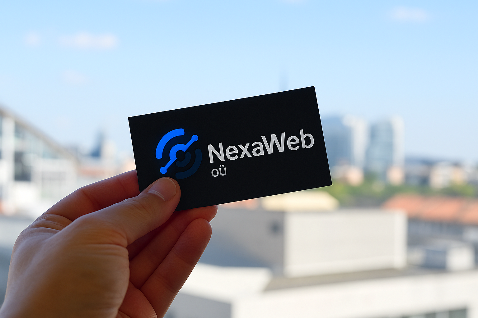 "Hand holding a NexaWeb OÜ business card with a cityscape in the background"
