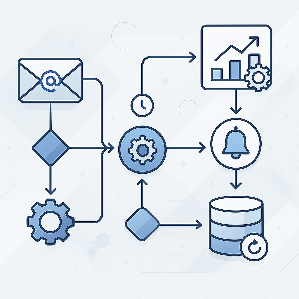 Diagram showcasing a streamlined process automation workflow with key steps like email, scheduling, configuration, notifications, and data storage