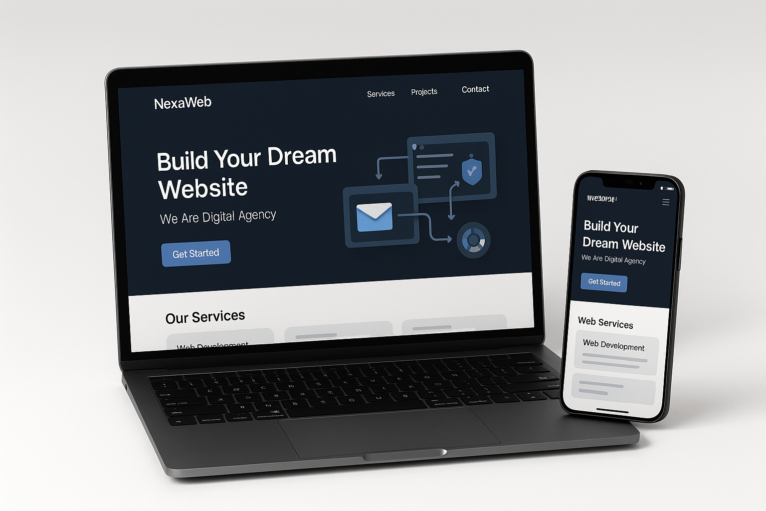 Sleek, modern website interface displayed on laptop and mobile devices