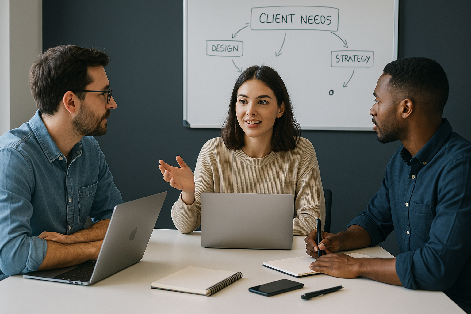 "Professional team meeting discussing client needs, design, and strategy"