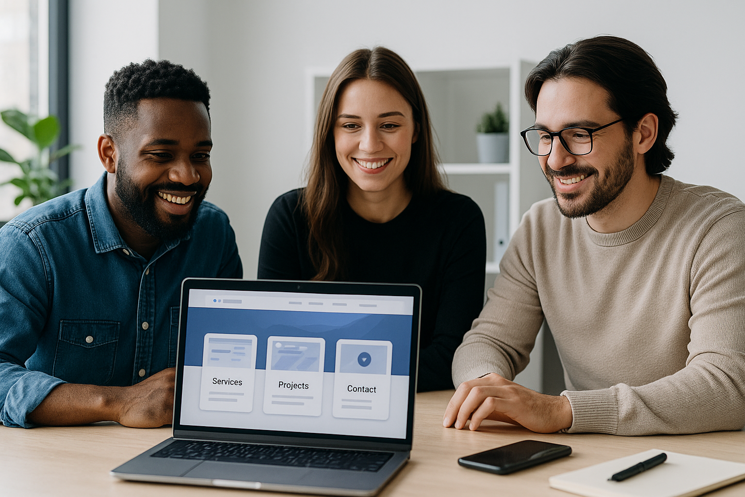 Professional team working together on a laptop, showcasing services, projects, and contact options