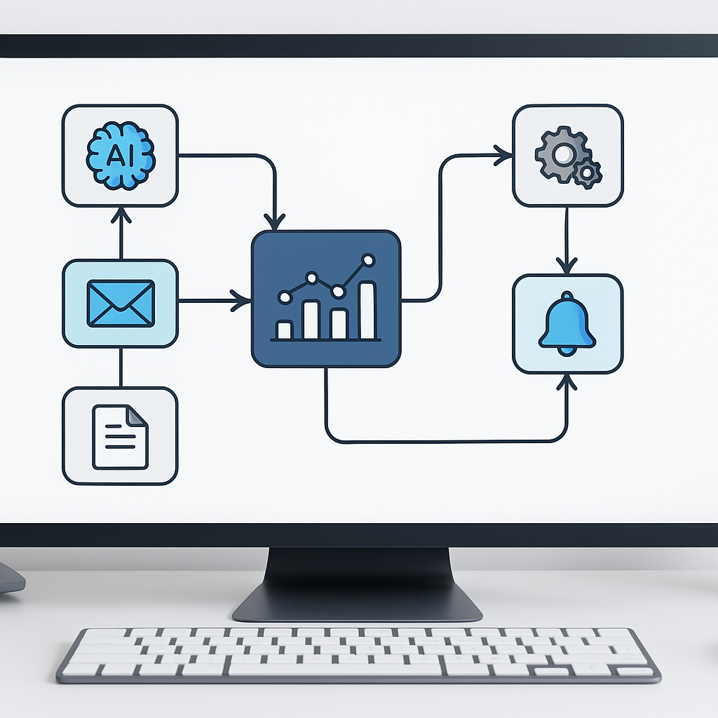 "Professional digital workspace showcasing an automation workflow with key steps like email, data processing, and notifications"