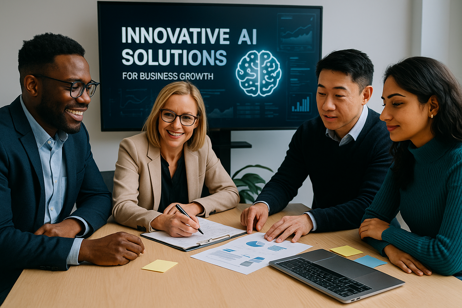 "Professional team meeting discussing innovative AI solutions for business growth"