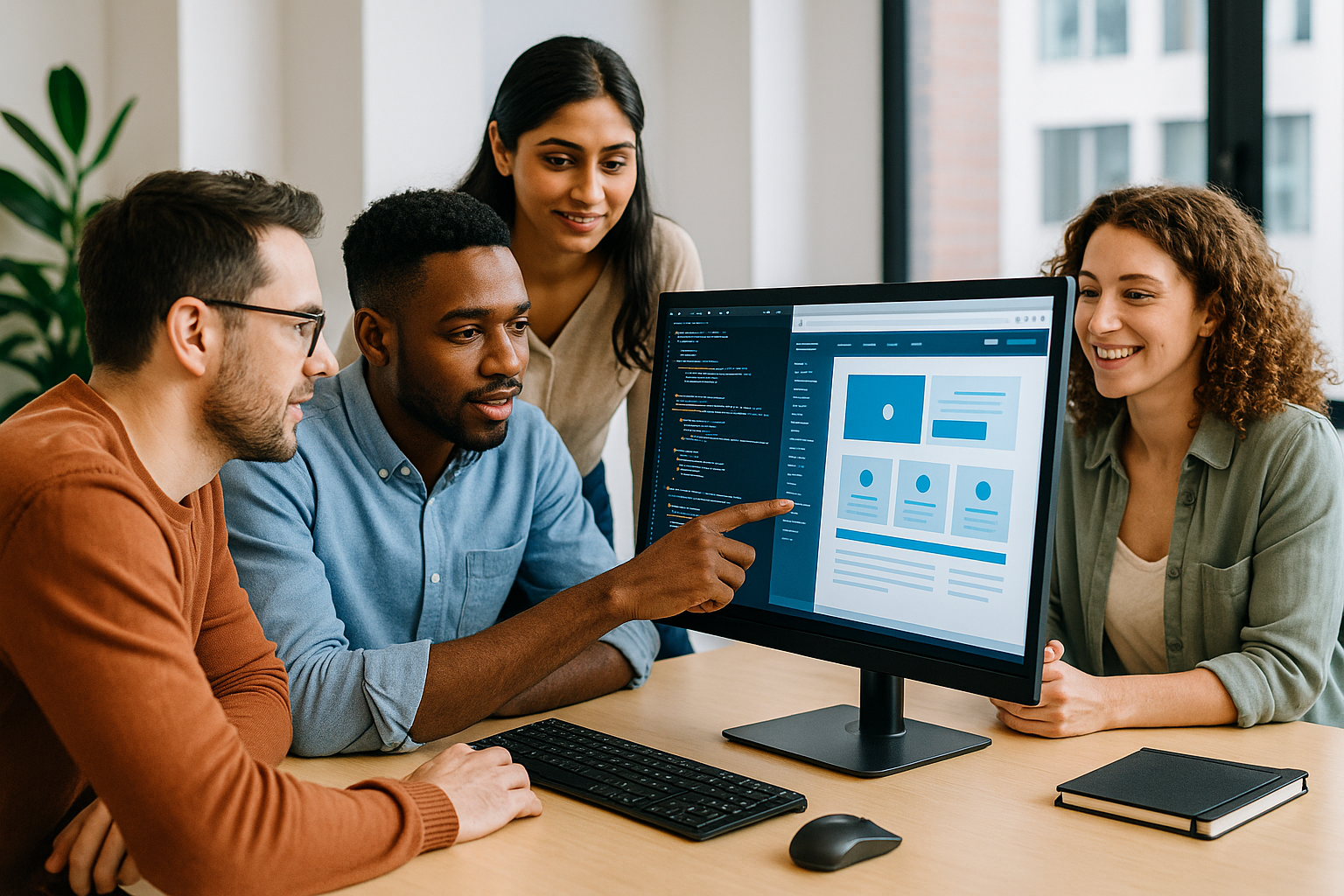 "Professional team collaborating on a digital project in a modern workspace"